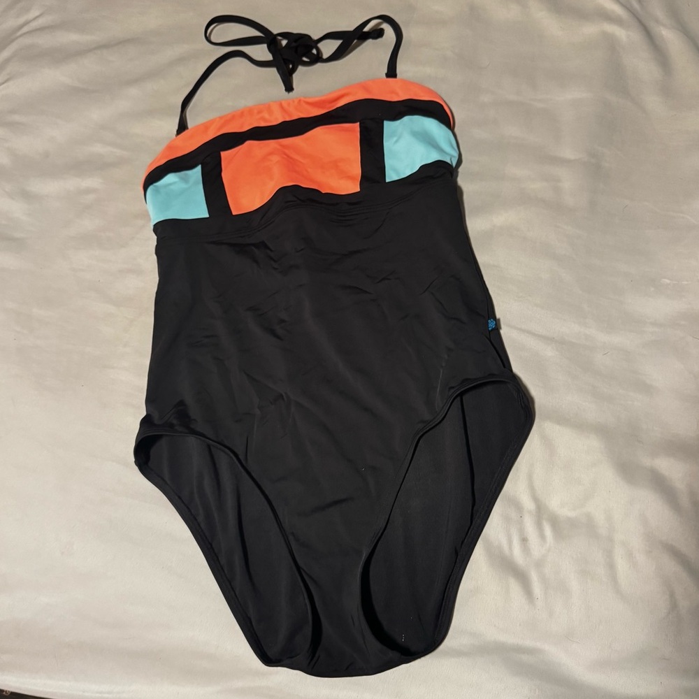 La‎ vie en rose black/neon one piece halter swim suit size S